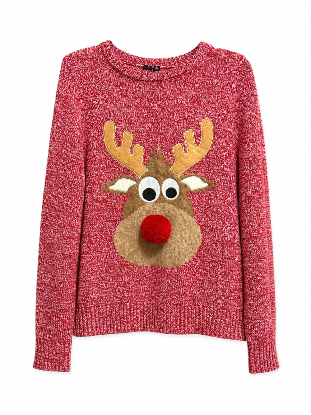 Reindeer Christmas Sweater Red Marled Knit Pom-Pom Nose
